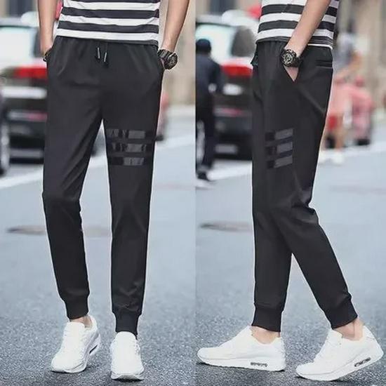Men's Black Mid-Waist Striped Stretch Trousers with Velvet - Casual Autumn/Winter Loose Fit Jeans for Teens