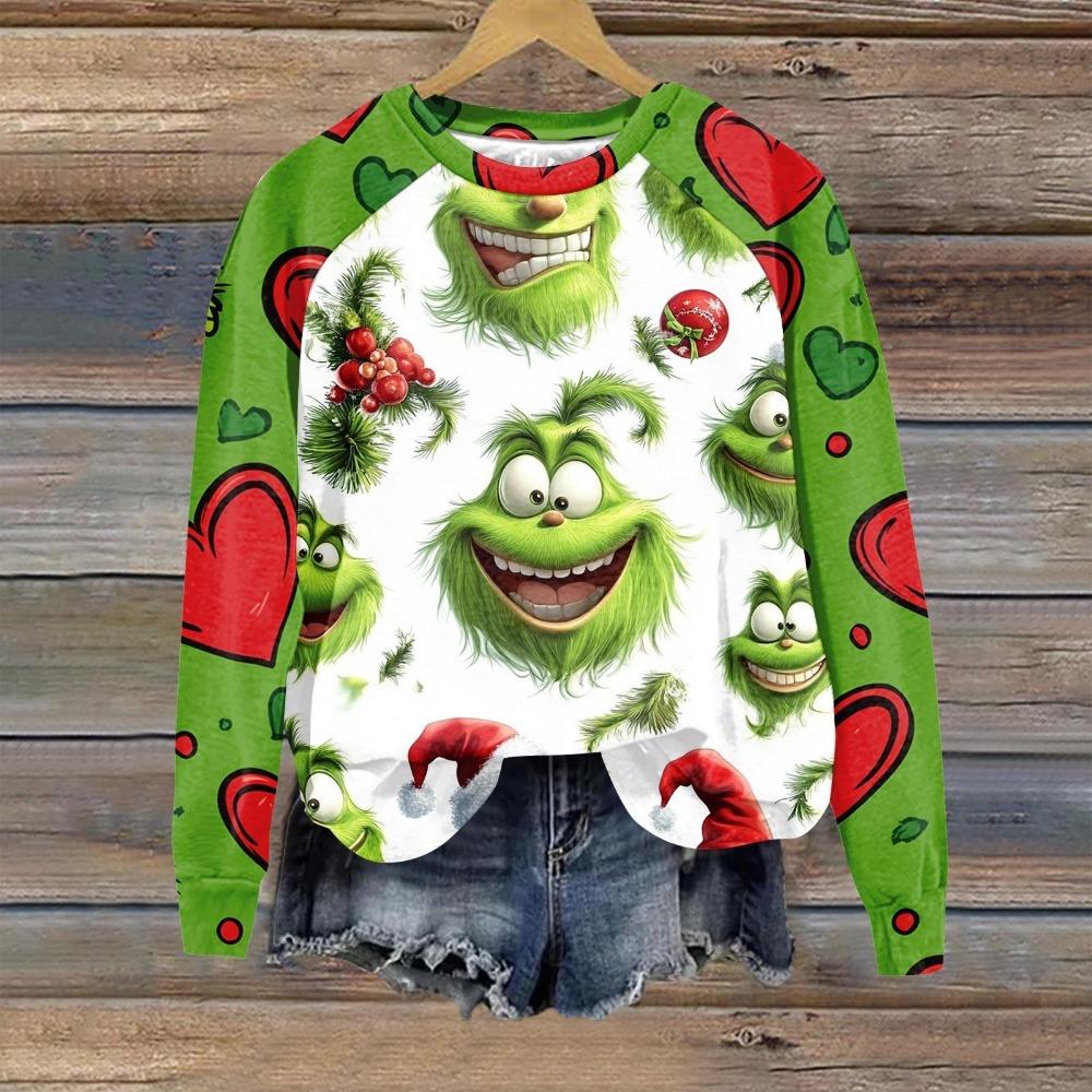 Christmas Fashion Men and Women's T-shirt Green Monster Print O-Neck Pullover Top Casual Outdoor Sweatshirt Kids T-shirt Top Clothing