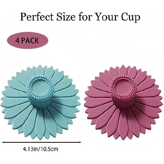 Sunflower Silicone Coffee Cup Lids (Set of 4) – Multicolored Silicone Cup Covers for Drinks, Flexible and Spill-Proof Cup Covers for Mugs, Tea