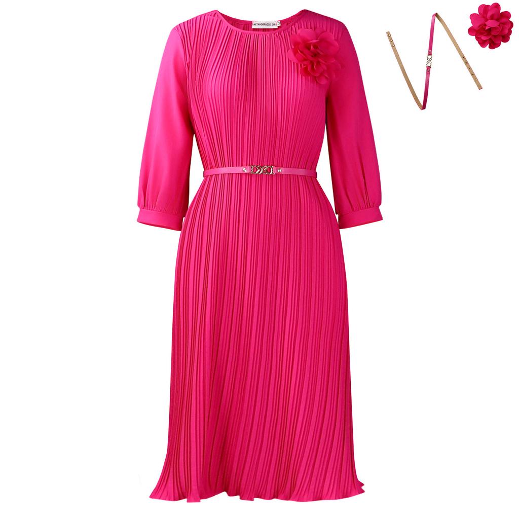 Women's new summer seven-quarter sleeve round neck solid color fashionable simple waist medium and long dress