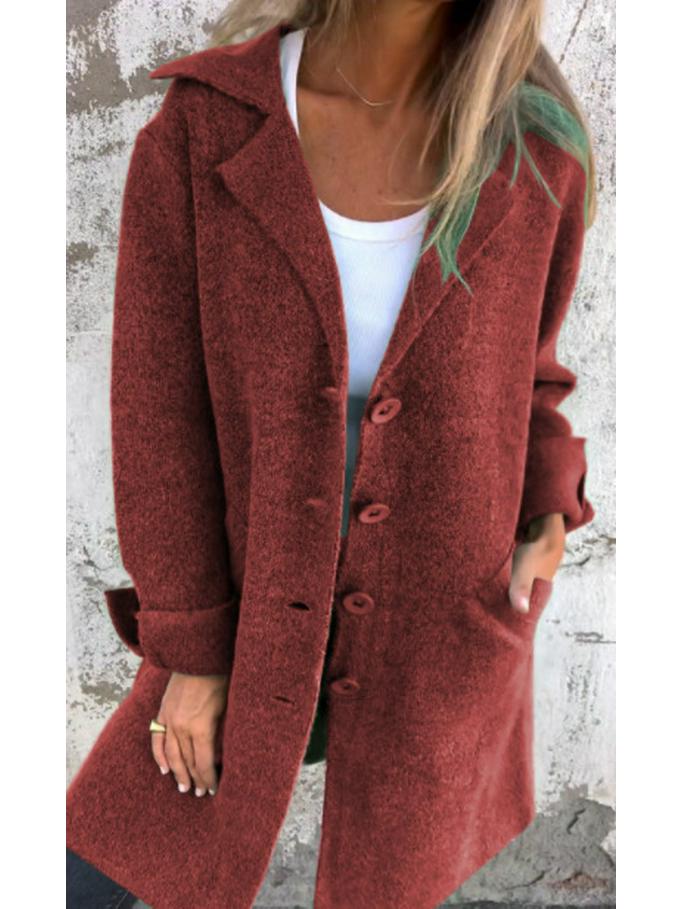 Women's Solid Color Turn-Down Collar Mid-Length Cardigan Coat with Pockets (Single-Breasted) - 2024 Autumn/Winter Collection