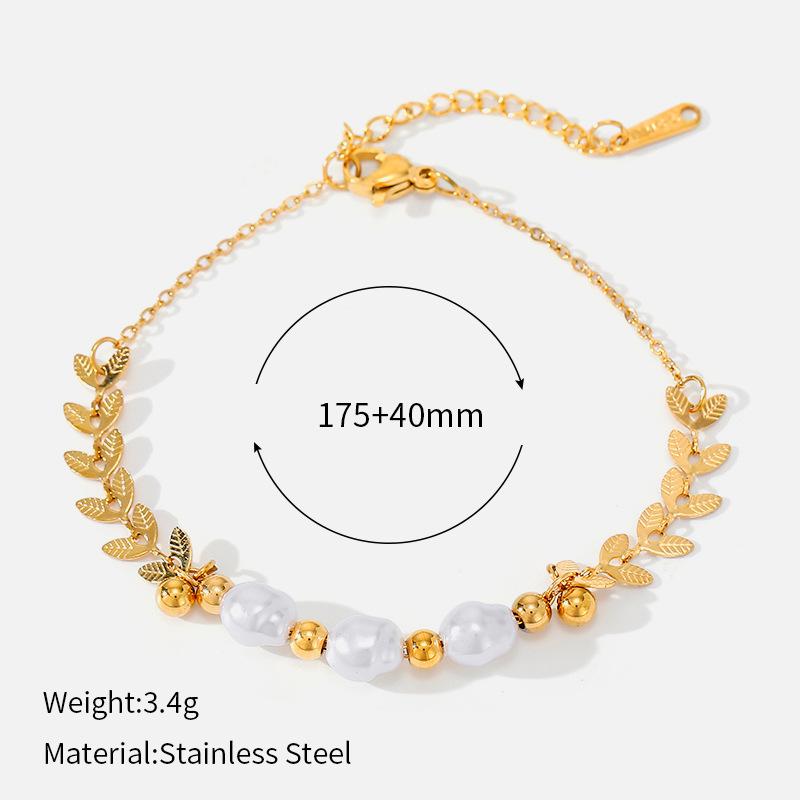 Niche Gentle Women Titanium Steel Bracelet Retro Pastoral Style Wheat Ears Leaves Imitation Pearl Love Zircon Versatile Bracelet
