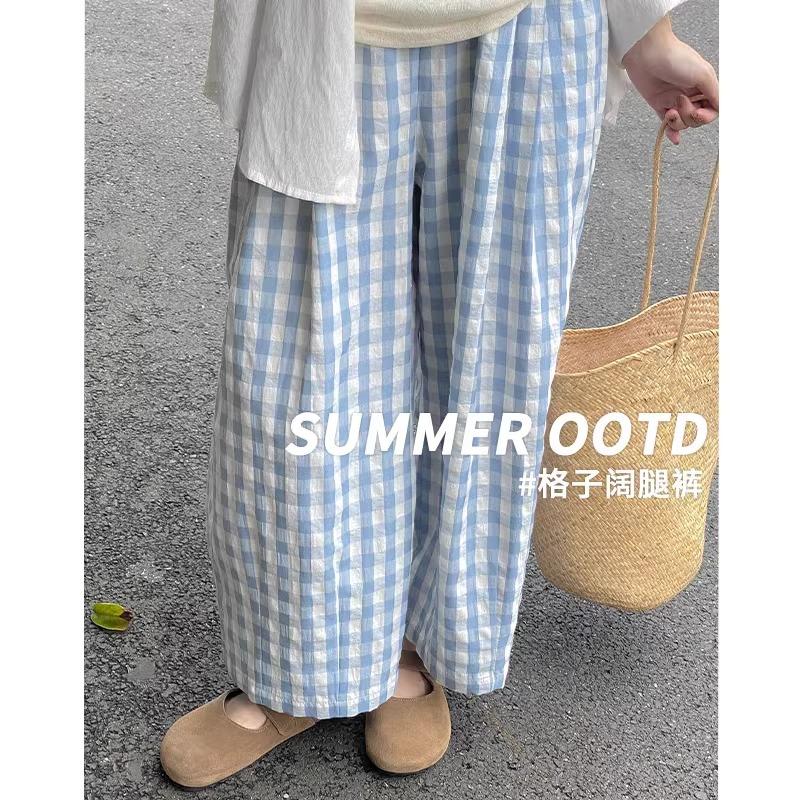 

Grandma pants women s summer new high-waisted thin straight casual small nine-point Harlan plaid pants XL [Suitable for 125-70kg]