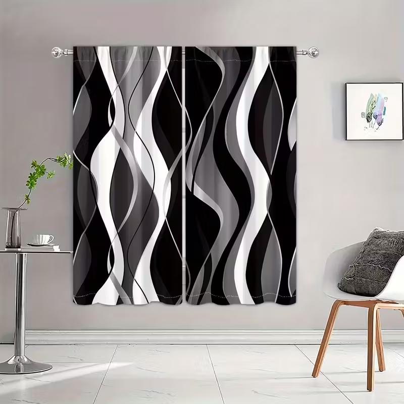 2pcs Black and White Wave Patterned Curtains   Design for Living Room Bedroom Modern Home Window Decoration   Rod Pocket Curtains