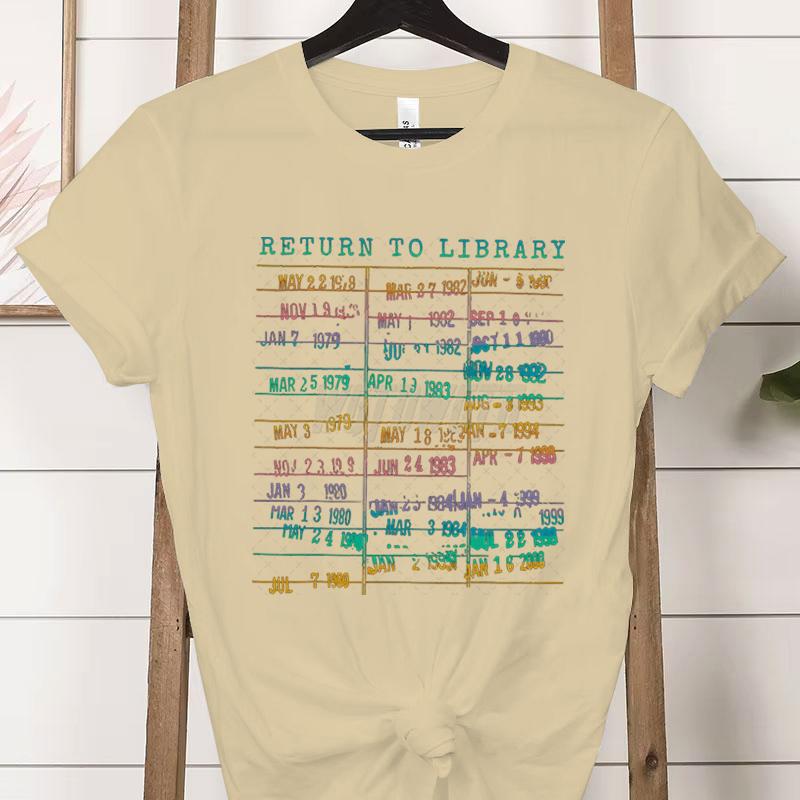 Library Book Classic Tops Vintage Book Due Date Bookish Rainbow Reading TShirt Return To The Library Graphic Womens Clothing