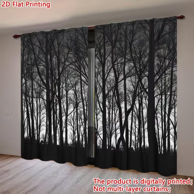 2 szt. Zasłony z wzorem sylwetki Czarnego Lasu, Wzór do salonu sypialni, Okno domowe o tematyce przyrodniczej, Zasłony z tunelem na karnisz