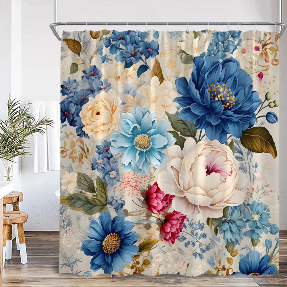 Vintage Floral Shower Curtain Colorful Flower Blossom Plant Green Leaf Dark Bathroom Decoration Polyester Bath Curtain with Hook