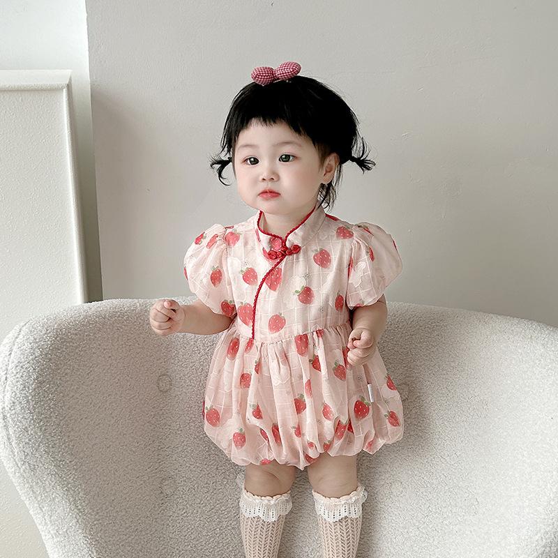 Summer 2025 Strawberry Print Baby Romper - One-Year-Old Girl's Triangle Crawling Onesie
