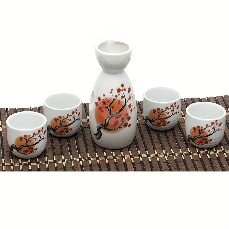 Ceramics Bar Set Japanese Sake Set with Four Wine Cups Hand Painted Safflower Porcelain Style Pottery Gift