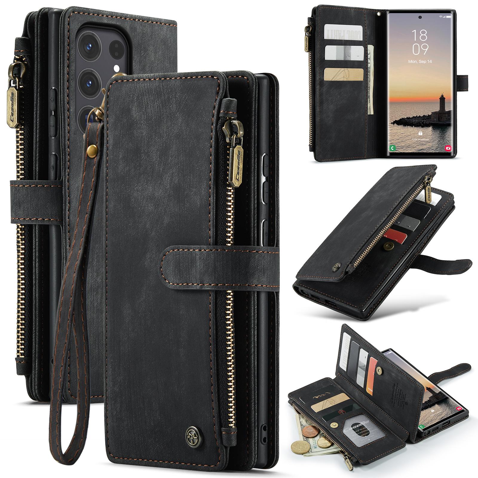 

Чехлы для телефона Samsung Galaxy S25 Ultra со шнурком CASEME C30 на молнии с держателем для нескольких карт, чехол из ПУ кожи B