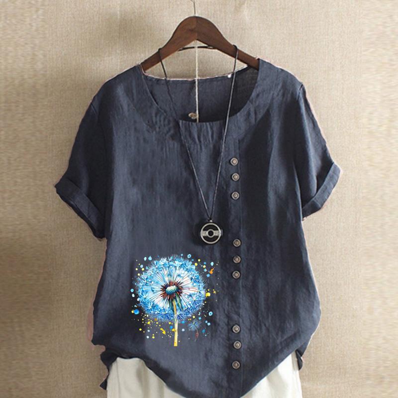 Women's Fashion Blue Dandelion Prined Short Sleeve T-shirt Loose Cotton Shirt Casual Loose Summer Blouse Tops Plus Size