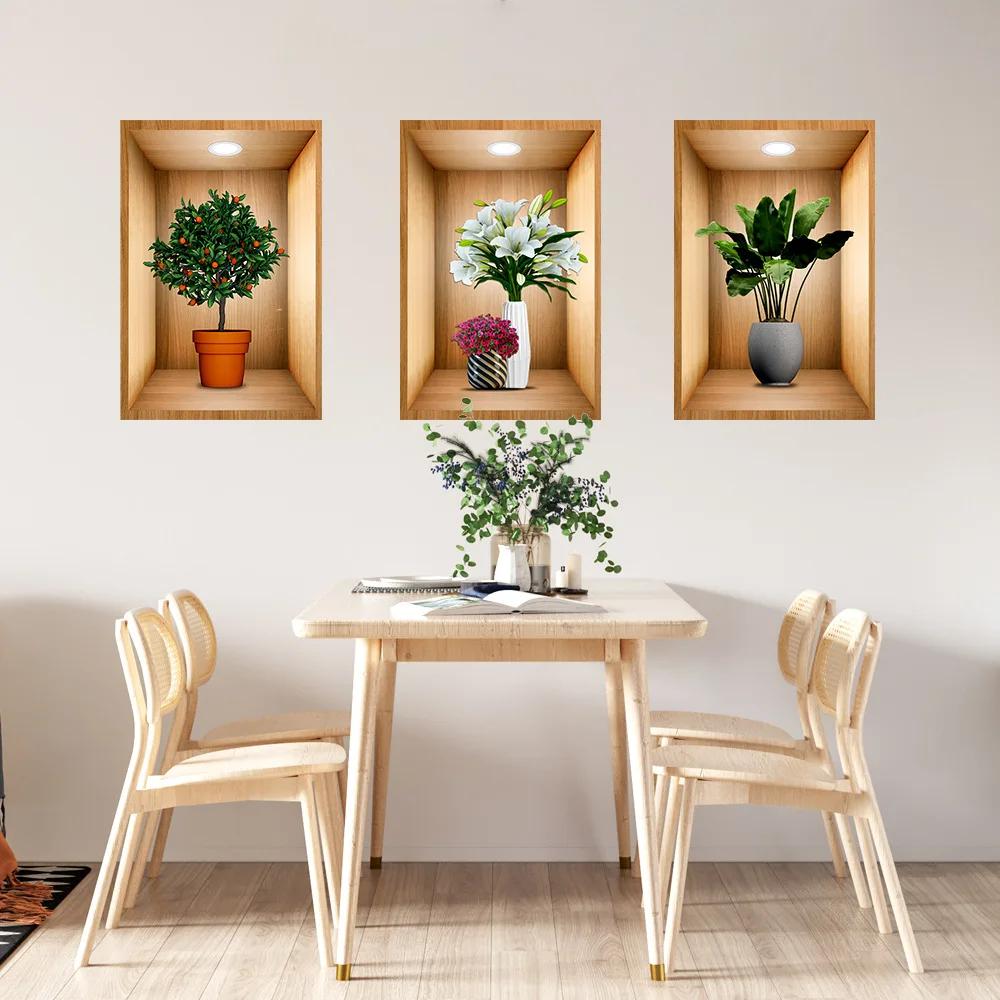 3D Effect Potted Triptych Posters Hallway Staircase Decorative Painting Hotel Restaurant Wall Plant Stickers