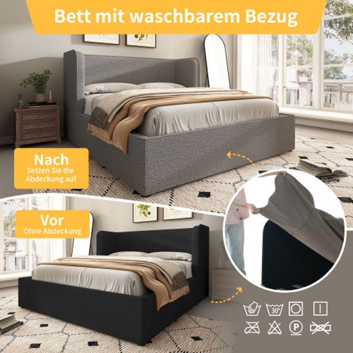 Lit - MUVOE - 160 x 200 cm - Cadre amovible - Rangement hydraulique - Lin gris