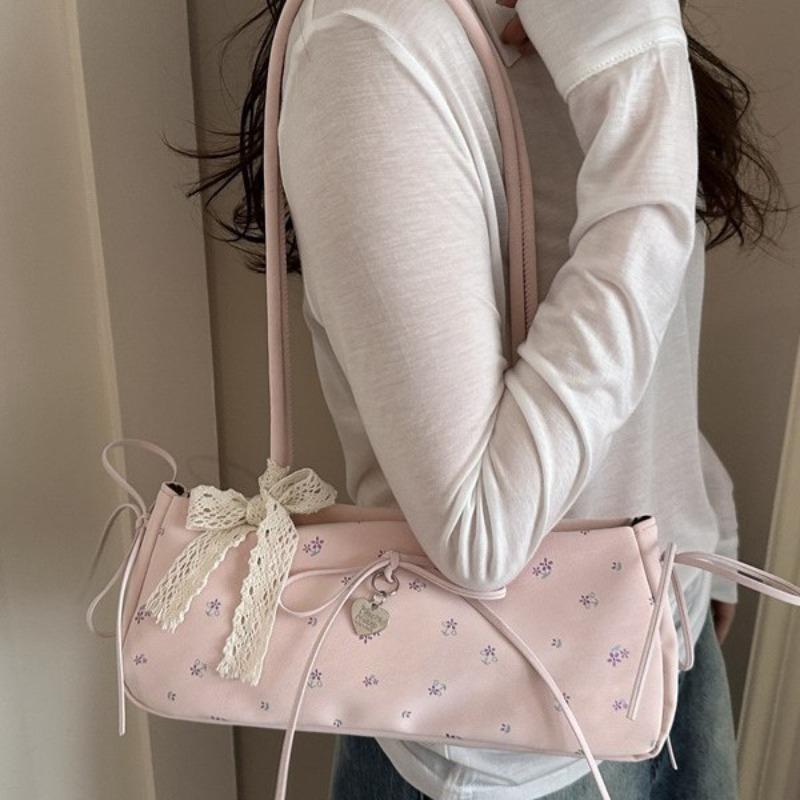 Niche sweet floral baguette bag women's  new trendy fashion girl style bow underarm bag shoulder bag