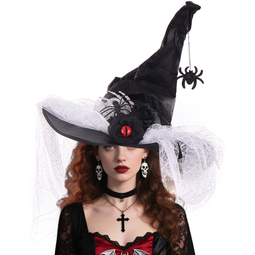 Halloween Witches Hat Lace Wide Brim Pointed Headdress Halloween Spider Adult Witch Hat For Prom Masquerade Event Party Decors
