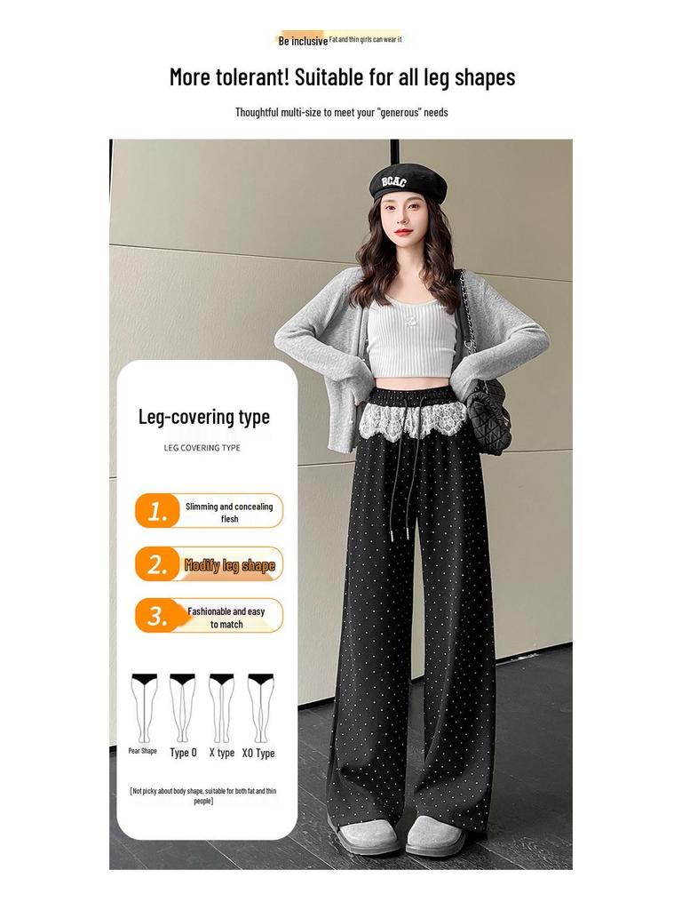 Spring 2025 Women's High-Waist Polka Dot Wide-Leg Sweatpants with Lace Trim