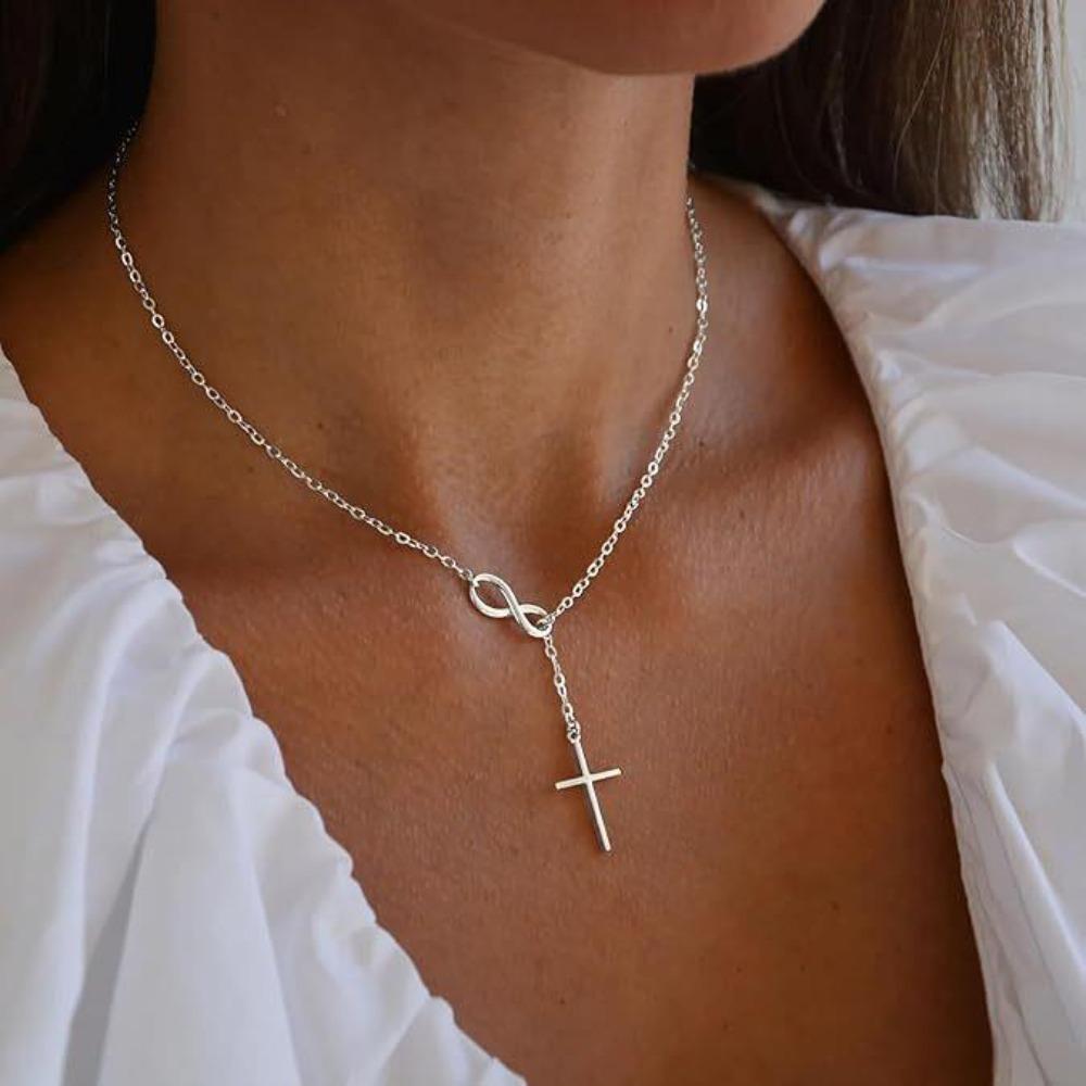 Trendy Minimalist Number 8 Tassel Cross Pendant Necklace for Women Fashion Layering Chain