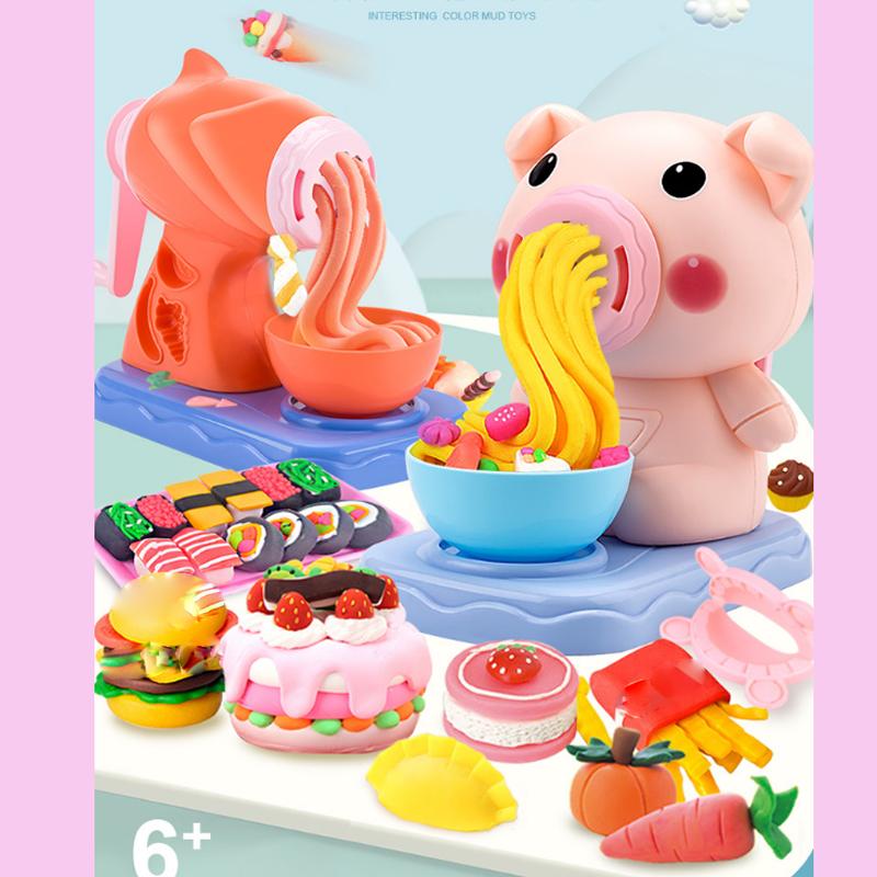 DIY Play Dough Set, Pig Noodle & Cow Ice Cream Maker Kit, Kids Pretend Play Clay Tableware Toy
