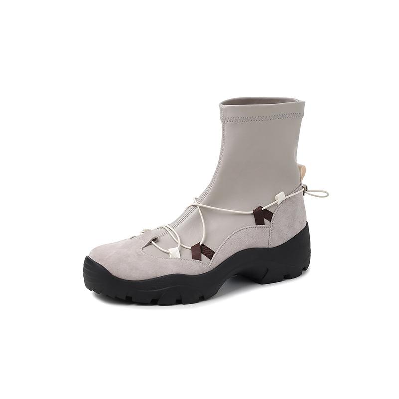 Leather Thick-soled Muffin Heightening 4cm Functional Wind Elastic Boots Socks Boots Foreign Style Small Short Boots Martin Boots Women's Autumn