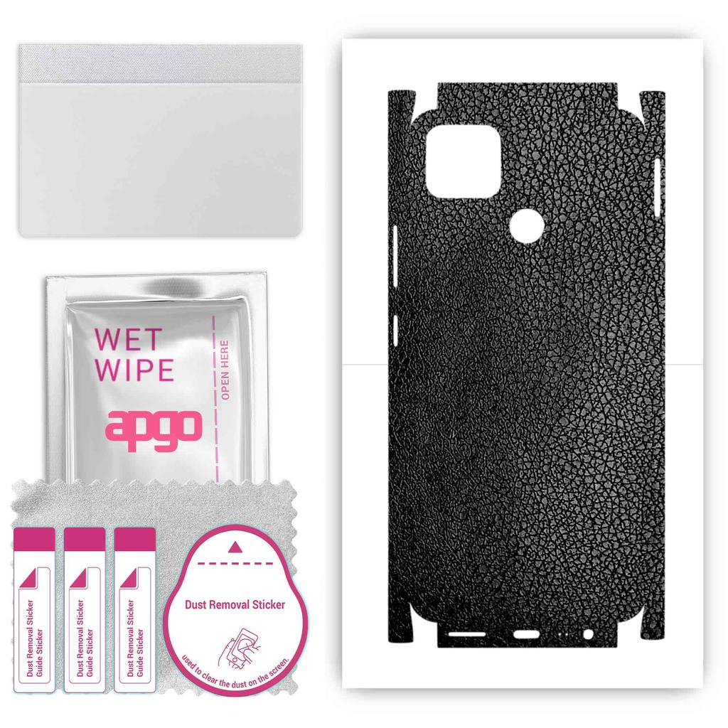 apgo Protective Skin Sticker for the Back+sides Compatible with Realme Narzo 30A, Full Wrap Film, Foil, Vinyl - Pattern Black Leather