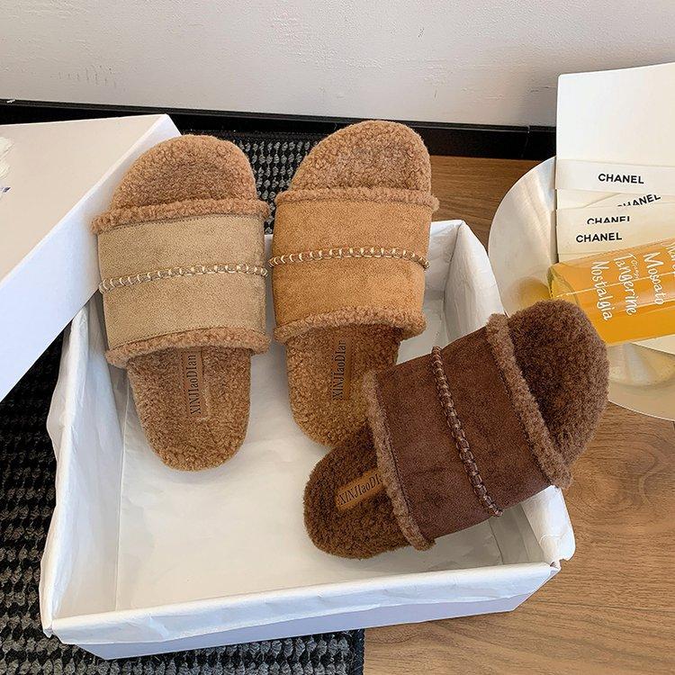 [Youshilai] 2025 Autumn and Winter New Flat-bottomed Non-slip Fluffy Slippers for Women To Wear Warm and Fashionable Versatile Slippers