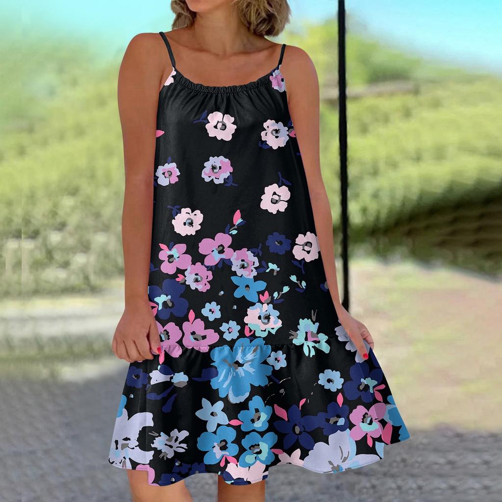 Women's Round Neck Strap Sleeveless Printed Dress Short A-line Large Swing Dress