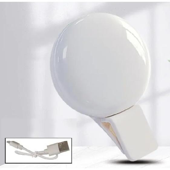 Clip-on LED Selfie Ring Light, Small Pocket-Size, 3 Brightness Levels, Rechargeable, Phone Camera Light, (White)