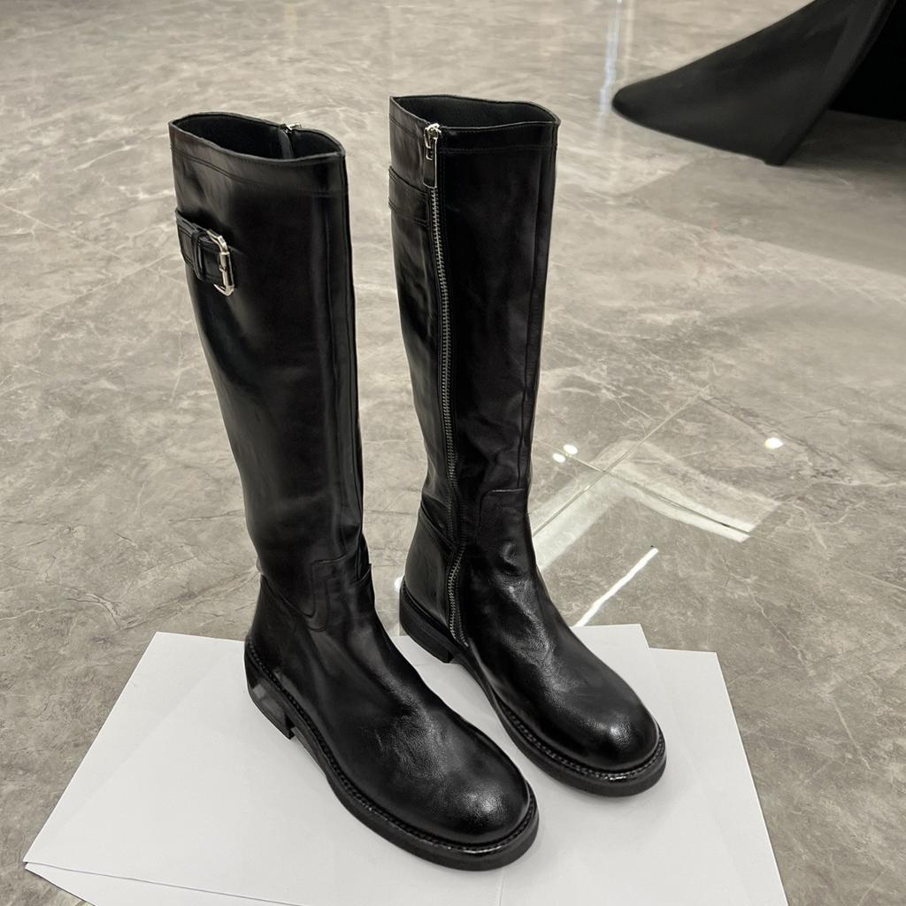 Vasket Kuskinn~ Ekte Skinn Svarte Retro Støvler Allsidige Grov Hæl Ridestøvler Dame Støvler Høye Støvler