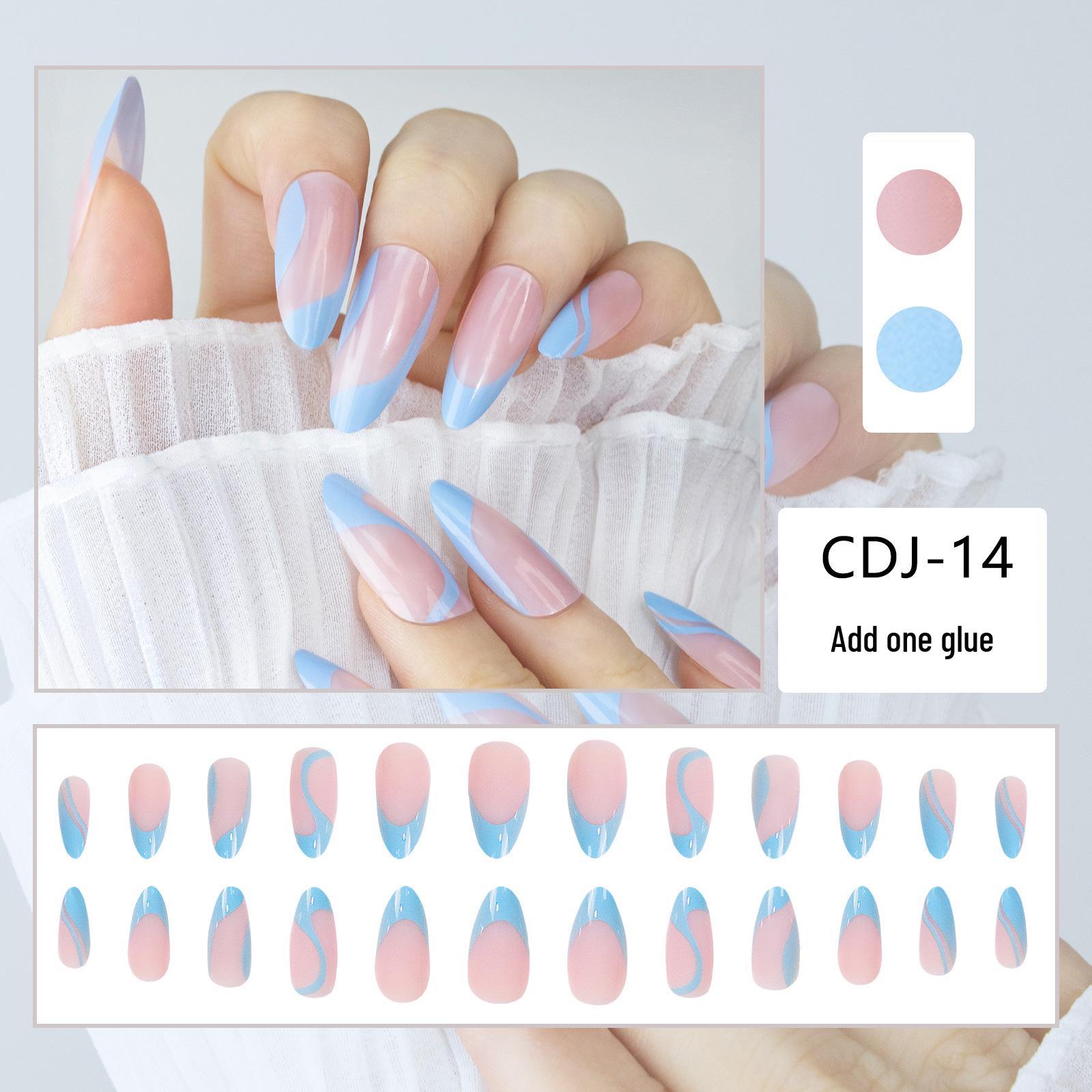 

24 French Blue Almond Nails with Wavy Irregular Lines - European & American INS Style, Reusable & Removable
