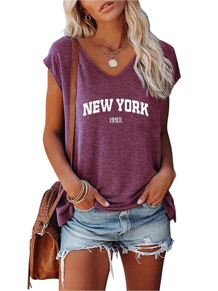 Damen Mode V-Ausschnitt Bedrucktes T-Shirt Sommer Lässig Kurzarm Top