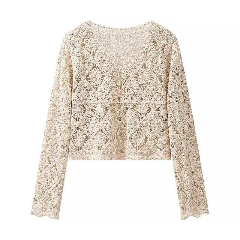 European and American style women's clothing, fashion temperament versatile simple niche knitted hollow cardigan top