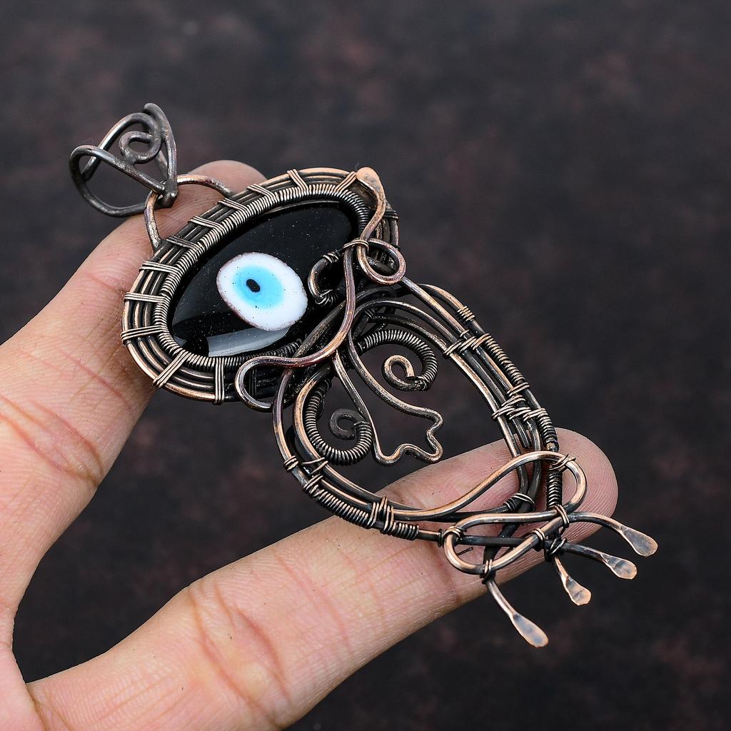 Pandantiv Ochi Rău Culoare Neagră Bijuterii Înfășurate în Sârmă de Cupru Pandantiv Piatră Prețioasă Naturală Pandantiv Sârmă de Cupru Cadou Pentru El Pandantiv Uimitor Făcut Manual
