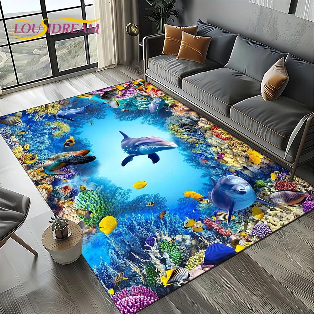 Underwater World 3D Illusion Seabed Cartoon Shark Dolphin Carpet Rug for Living Room Bedroom Home Sofa Decoration,Floor Mat Kid