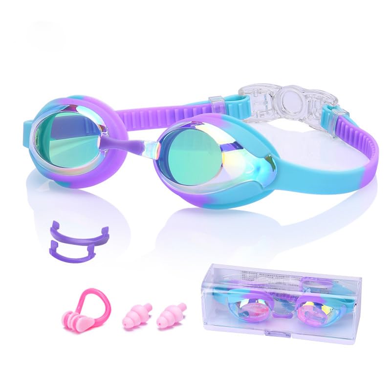 

Swimming Goggles for Swimming Age 7 and Underwater UV Mirror Soft Leak Impact Adjustable Easy to Nose Ear Protective Case Elementary School Fitness фиолетовый