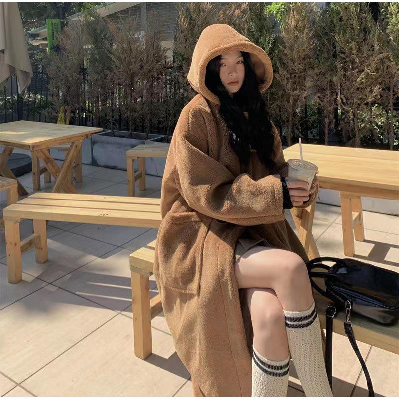Mid Length Korean Thick Overcoat Cowhorn Button Loose Coat Winter Warm Female Fleece Hoodies Jacket Woman Lamb Wool Coats
