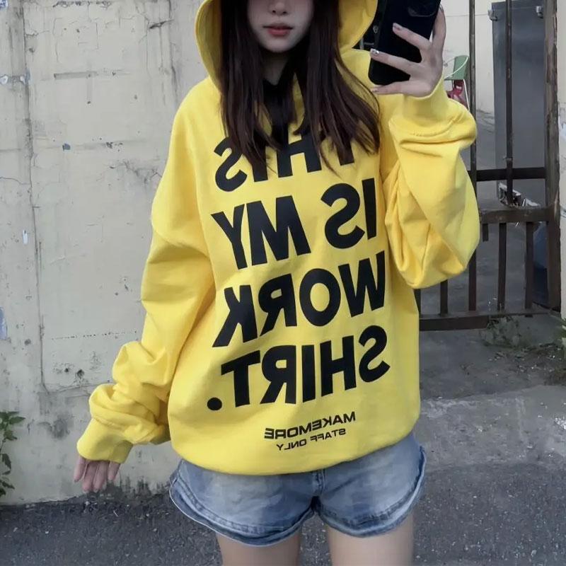 

American Letter Printed Vintage Hoodies Female Clothing Loose Hooded Autumn Winter Fleece Casual Long Sleeve Chic Sweatshirts L жовтий