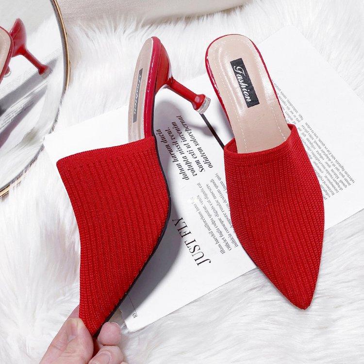 Spring and summer new pointed slippers women's bag head stiletto fashion fly-woven outer wear cool slippers