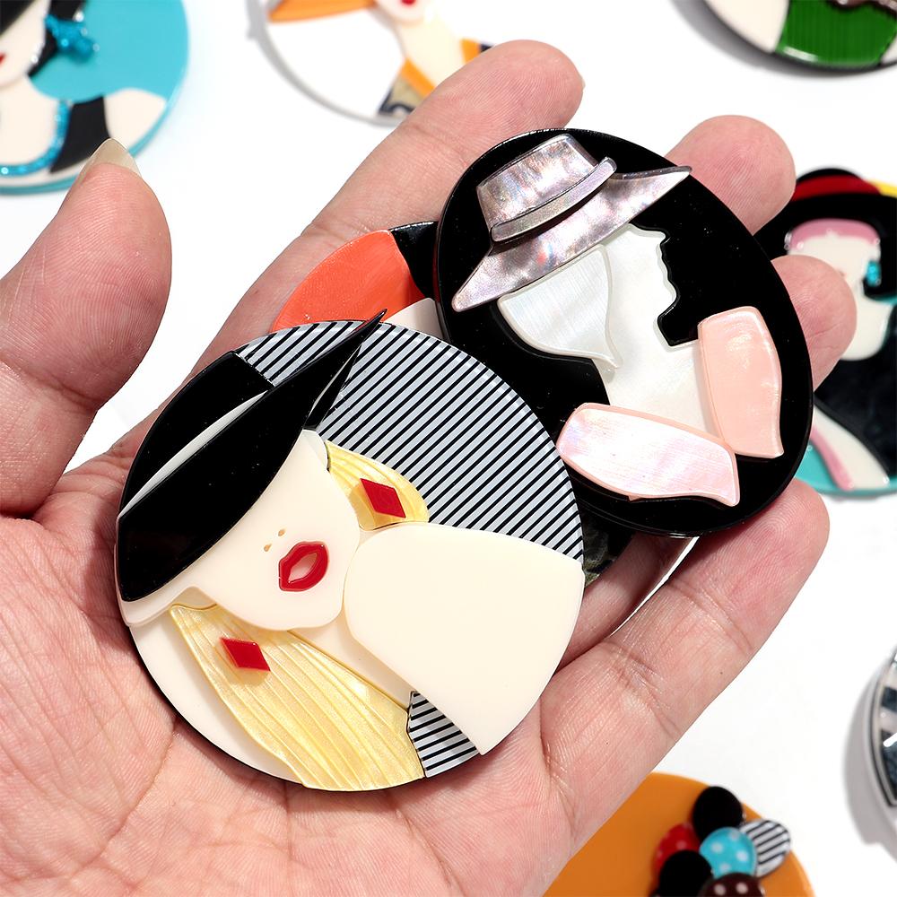 Neue moderne runde Acryl-Broschen für Damen, Mode, Hut, Mädchenfigur, Abzeichen-Pins, Büro Schmuck, Tasche, Kleidung Zubehör, Geschenke