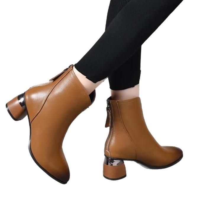 Pointed short boots women's thick heel autumn and winter velvet women's shoes medium heel high heels brown Martin boots women's