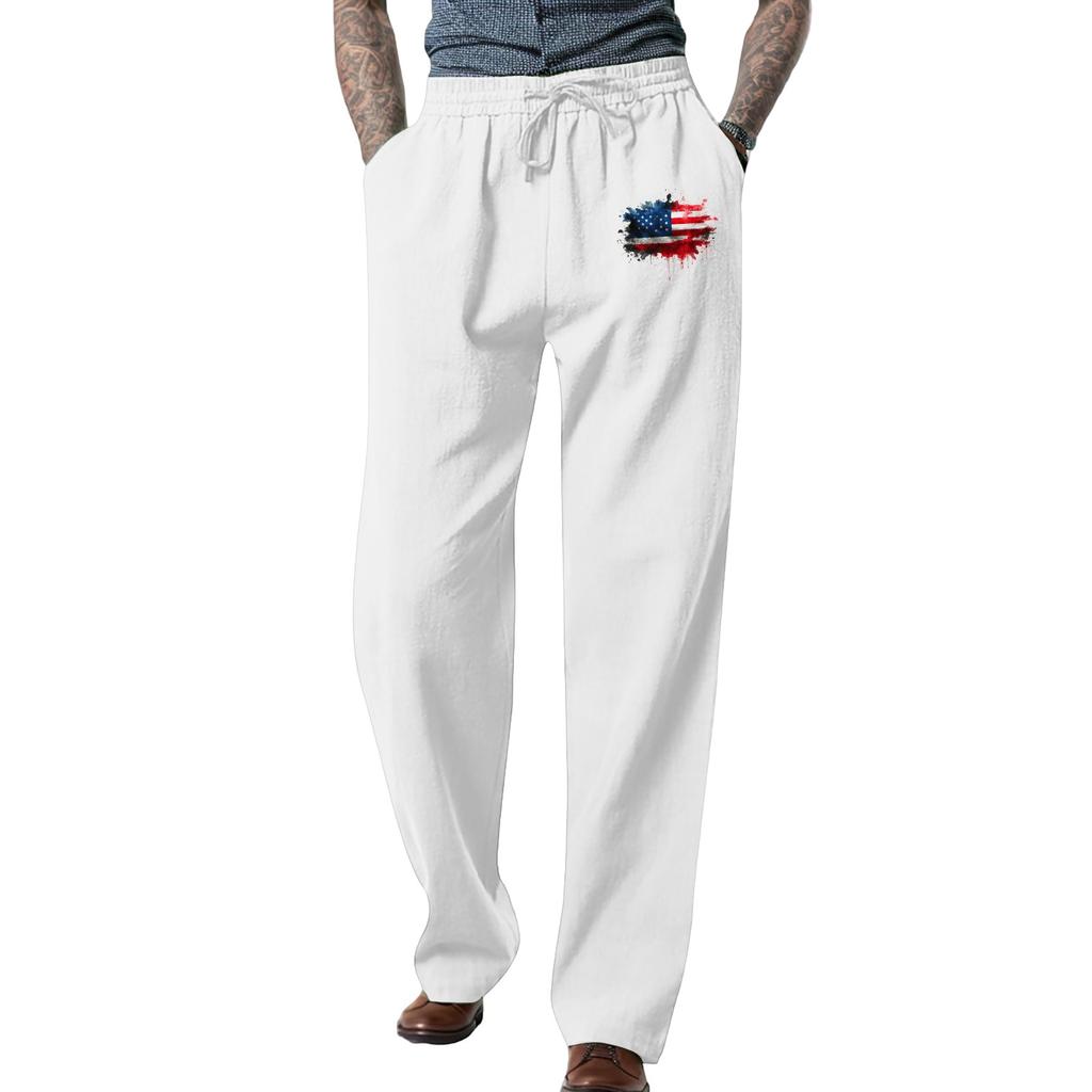 Men's Loose Casual Color Cotton Linen Trousers Elastic Tie Printed Straight Pants