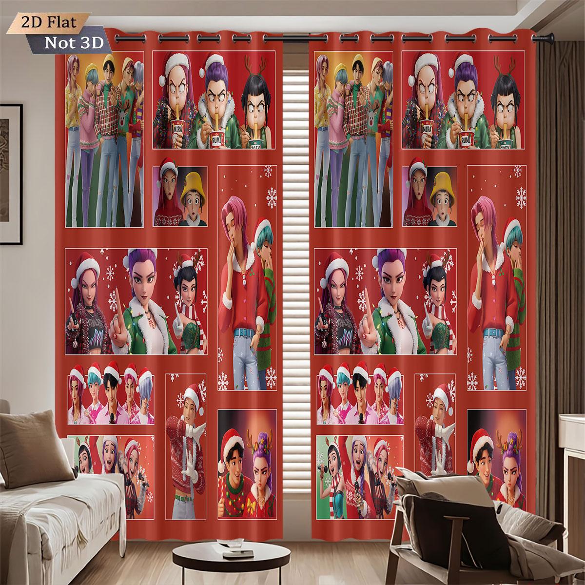 

Set Of 2 Christmas Pop Demon Hunters Print Curtains Multiple Size Living Room Insulation Decoration Curtain Darkening Polyester Machine Washable Ideal W100*H70(CM)-Grommet top&2PCS