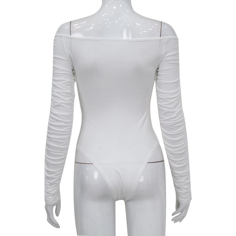 European-American One-Shoulder V-Neck Ruched Long-Sleeve High-Waist Jumpsuit for Women