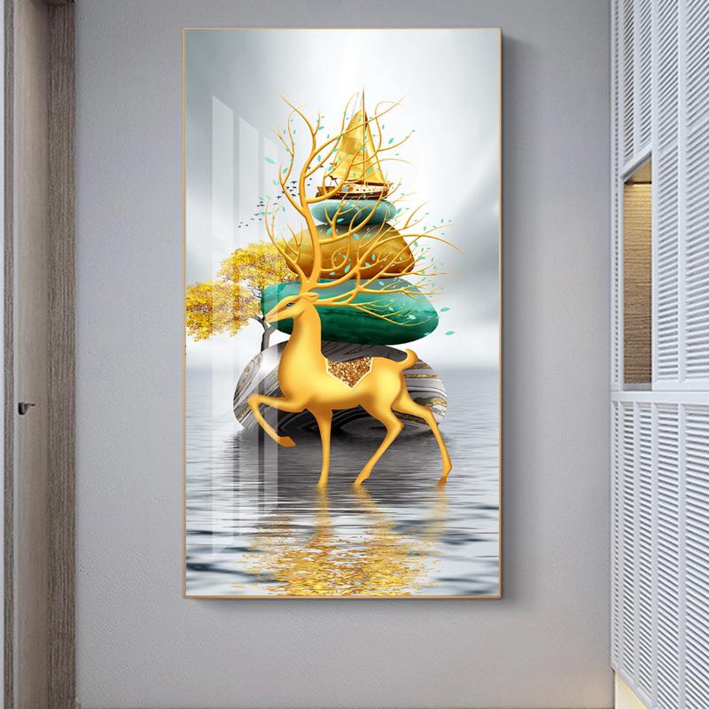 Chinese FengShui Golden Rich Tree Canvas Painting Deer Landscape Lucky Stone Zen Posters Wall Art for Living Room Decor Cuadros