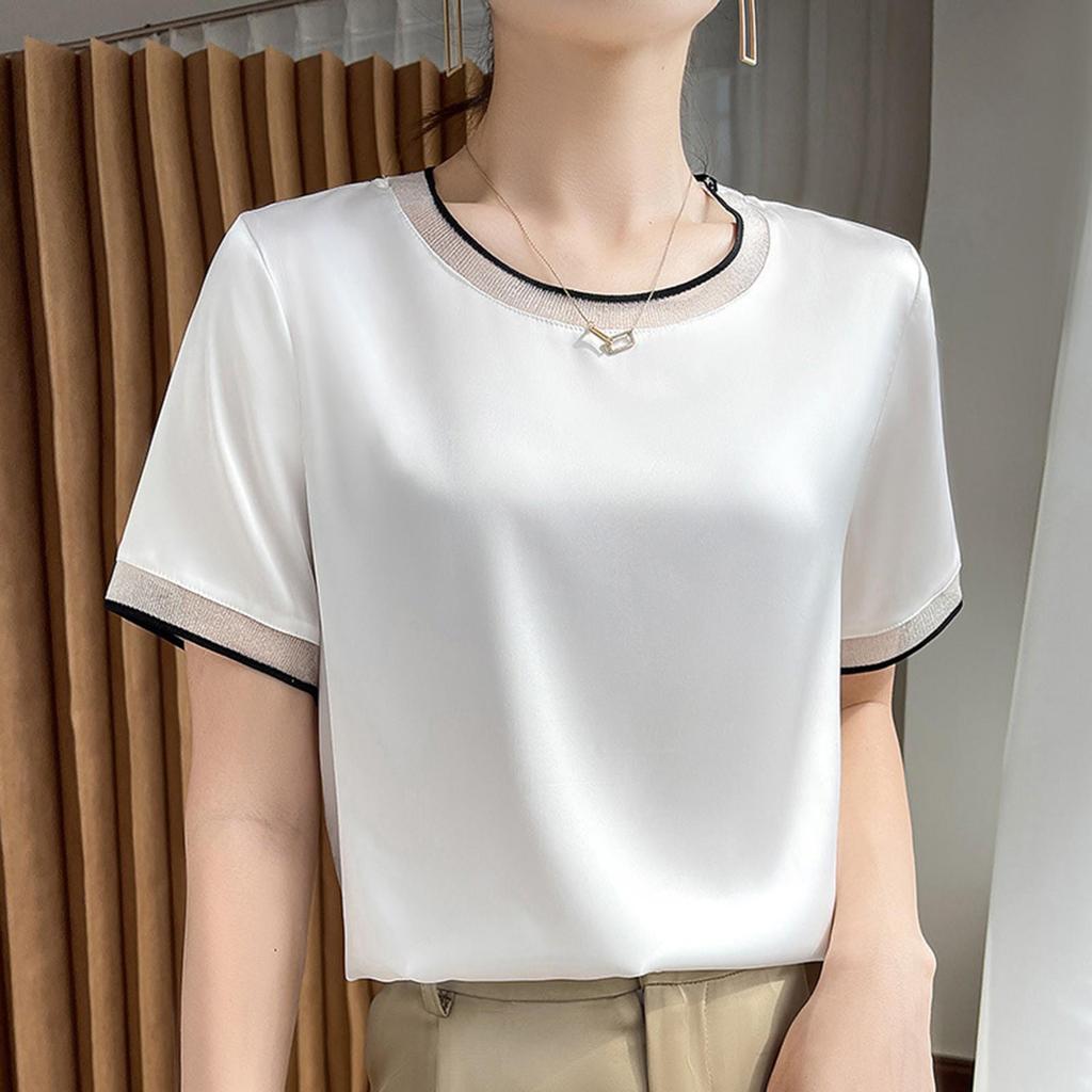 Peach Women Shirt 2026 Summer New Silk Satin Short Sleeve T Shirt Women'S Mesh Solid Color Vest Temperament V Neck Apparel Shirt