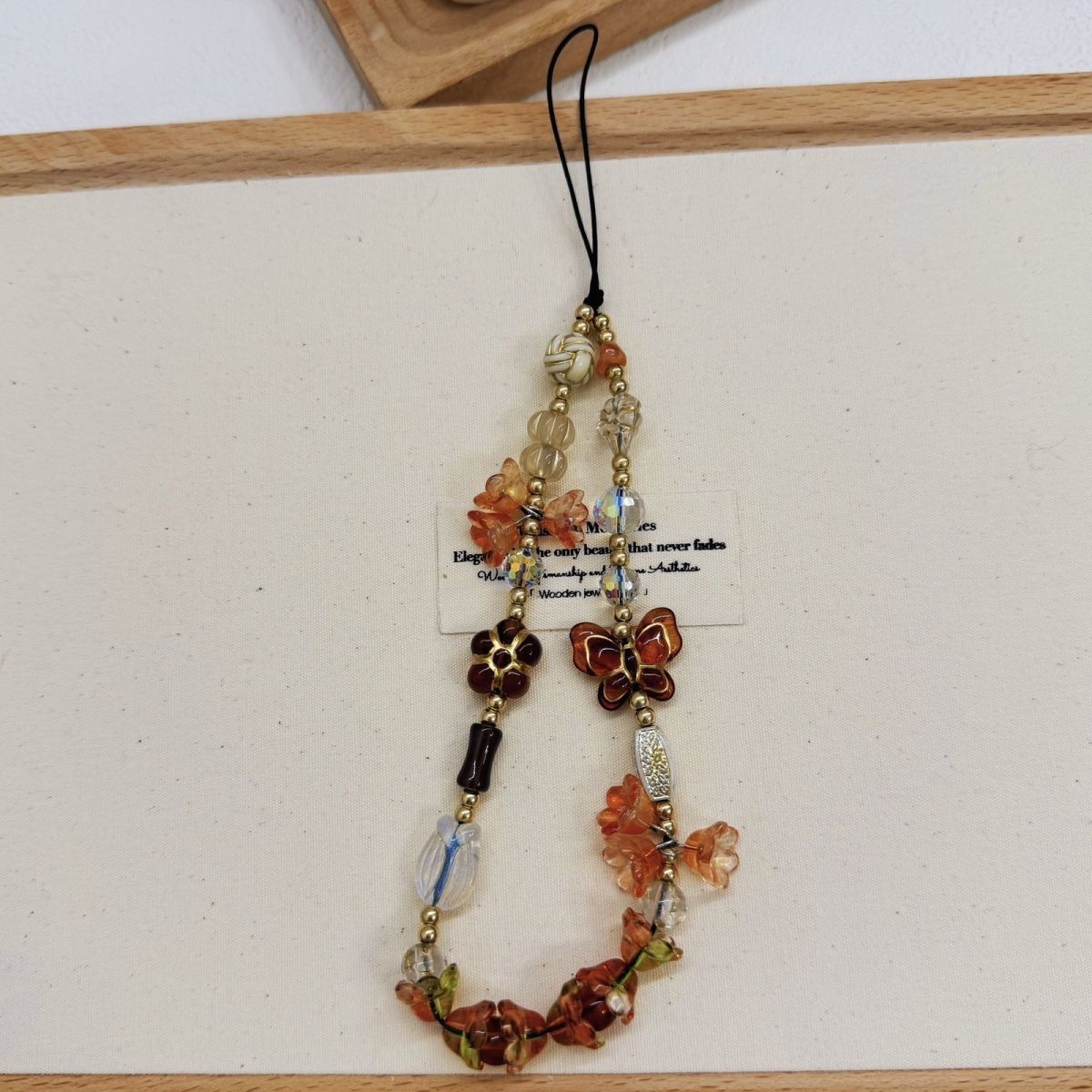 

Vintage Brown Bellflower Phone Charm Lanyard Retro Beaded Butterfly Short Wrist Strap Bracelet for Women Bag CCD Camera Pendant Other