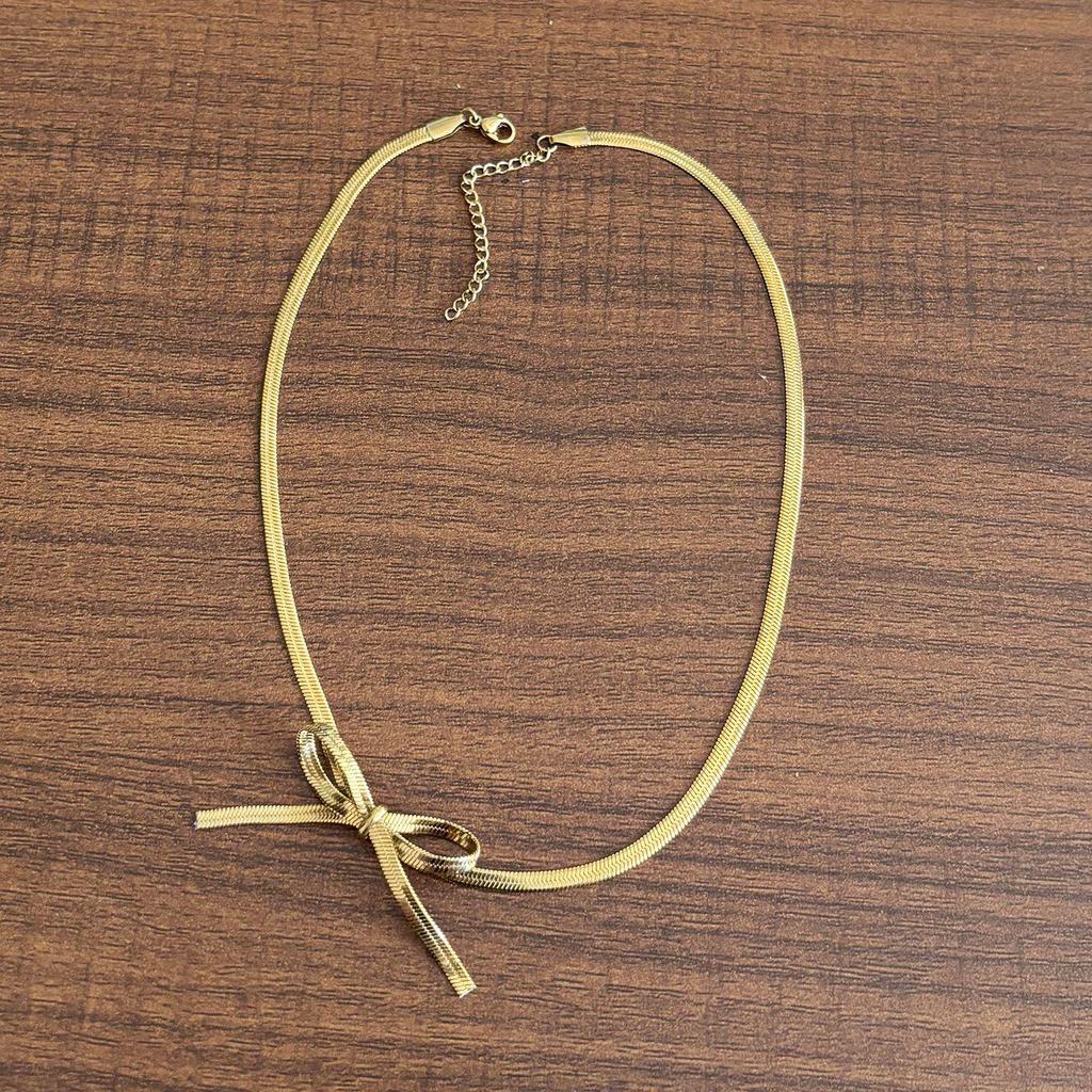18K Gold-Plated Snake Bone Chain Necklace with Cross Bow Pendant