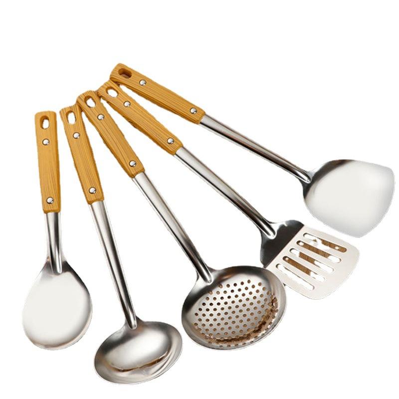 Kitchen Tool Wood Grain Handle Stainless Steel Pot Spatula Soup Heat Insulation Frying Spatula Colander Insulated Kitchenware