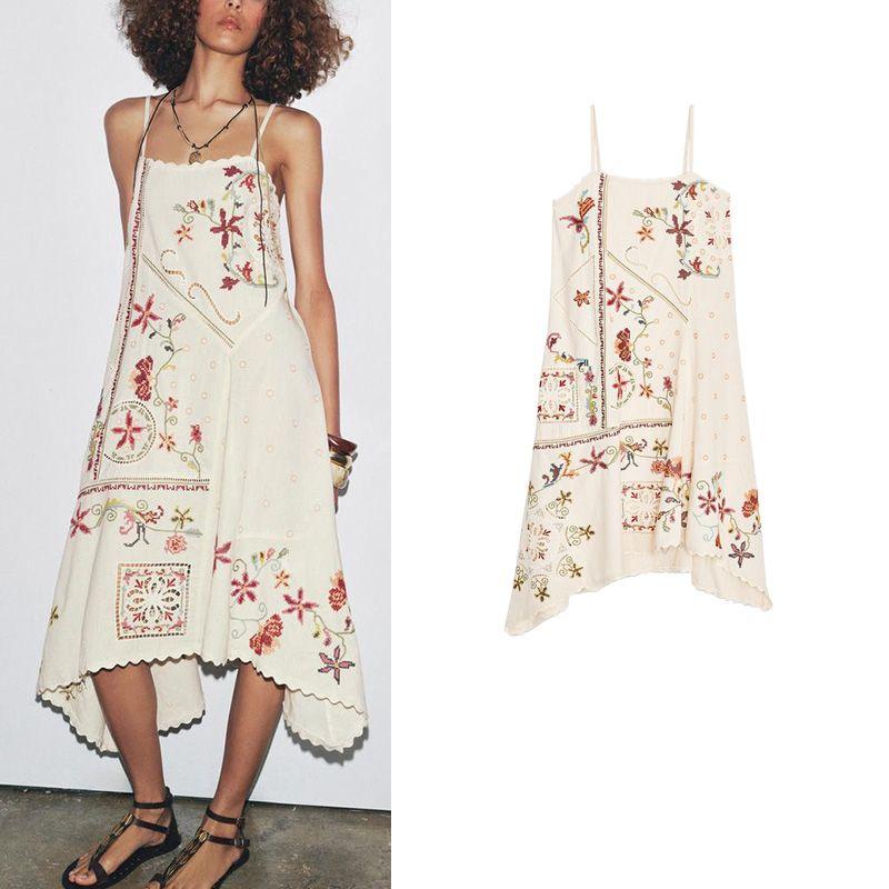 Summer New Product Women's Clothes Cotton Blended Straight Collar Contrast Color Flower Embroider Decoration Asymmetric Dress 5107079