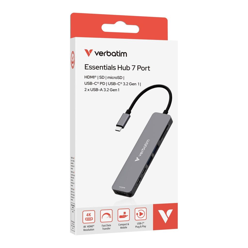 Hub USB Verbatim Multi Port Essentials USB-C PD, USB-C, 2xUSB-A 3.0, HDMI, SD/microSD