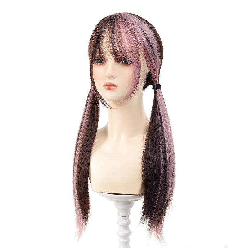 Peluca Twins Croissant Niebla de Melocotón - Peluca Lolita Japonesa Larga Recta para Mujer con Doble Cola de Caballo Negra y Rosa
